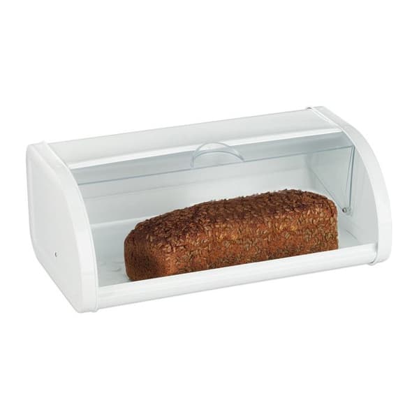 Relaxdays White Bread Box, förvaring av färskt bröd, bakverk, transparent skjutlock, stål, vit
