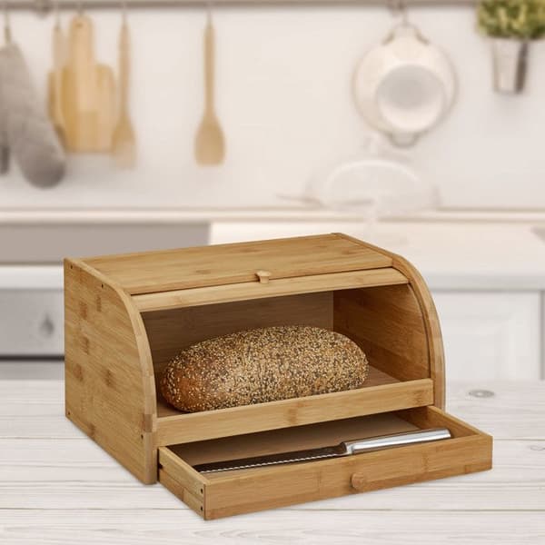 Relaxdays Brödbox, knivlåda brödkassa i bambu trä lock HxlxB: 21 x 40,5 x 28 cm, naturnyans