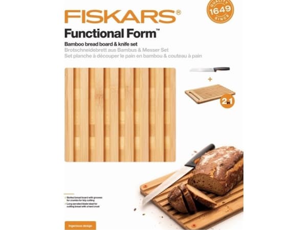 Fiskars FF leivänleikkuusetti: bambuleikkuulauta + leipäveitsi