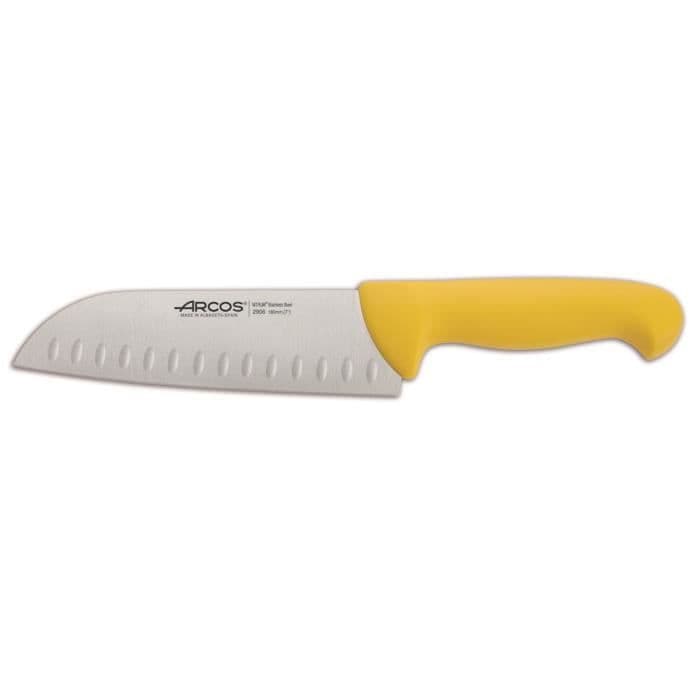 Santoku kniv Arcos 2900 - Prof 290600 med fickor i Nitrum rostfritt stål och ergonomisk mangogul polypropen med blad