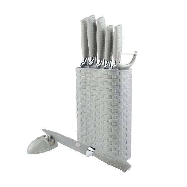 8 Delar Knivset med Ställ för Köket - Köksknivar Skalare och Knivslip Set