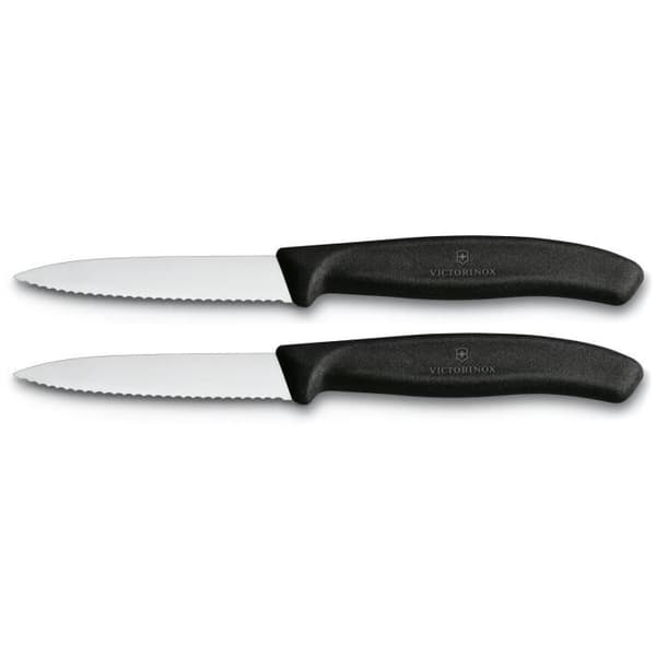 2 Victorinox svarta skalknivar, tandade blad