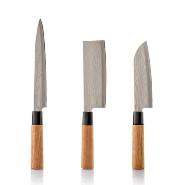 CH16258-SHOP-STORY - DAMASCUS: Set med 3 japanska köksknivar, trähandtag, blad i rostfritt stål och lock