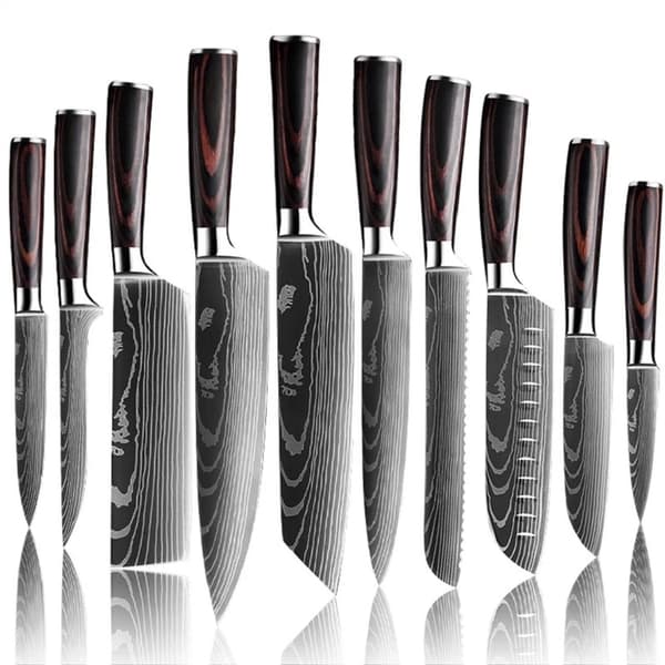 Køkkenknivsæt, Laser Damaskusmønster, Japansk Santoku-kniv, 10 PCS værdi sæt