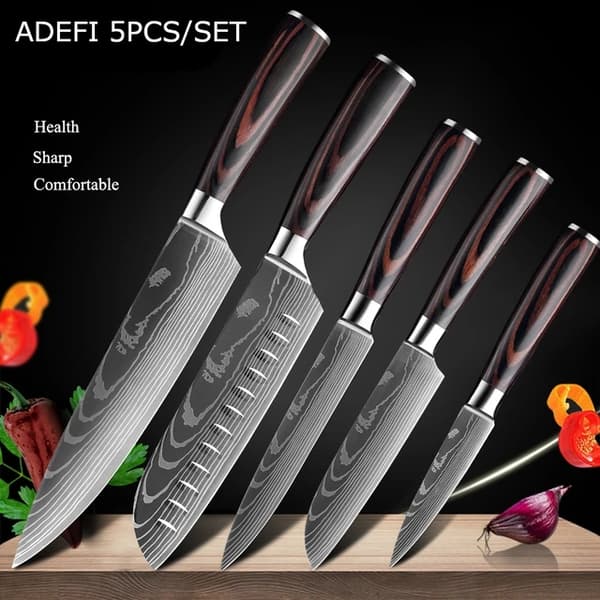 Køkkenknivsæt, Laser Damaskusmønster, Japansk Santoku-kniv, 10 PCS værdi sæt