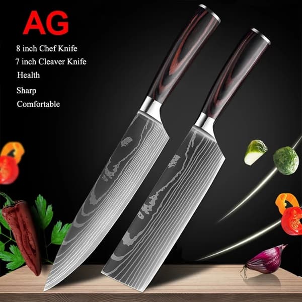 Køkkenknivsæt, Laser Damaskusmønster, Japansk Santoku-kniv, 10 PCS værdi sæt