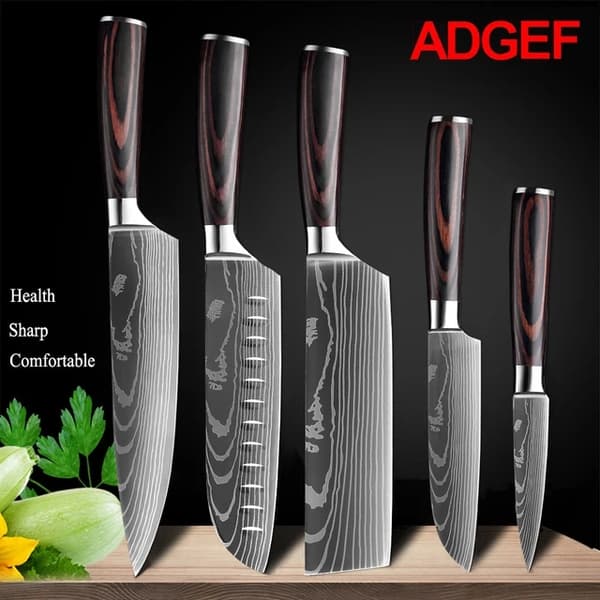 Køkkenknivsæt, Laser Damaskusmønster, Japansk Santoku-kniv, 10 PCS værdi sæt