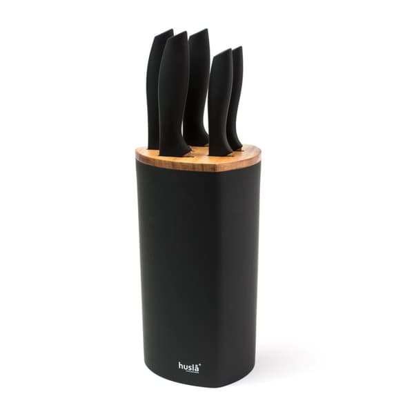 Set med 5 knivar i ett plastblock med akaciaträelement, SVART