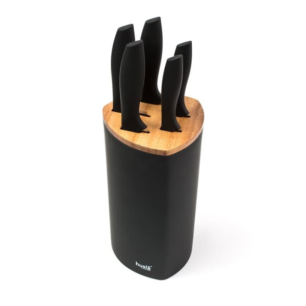 Set med 5 knivar i ett plastblock med akaciaträelement, SVART