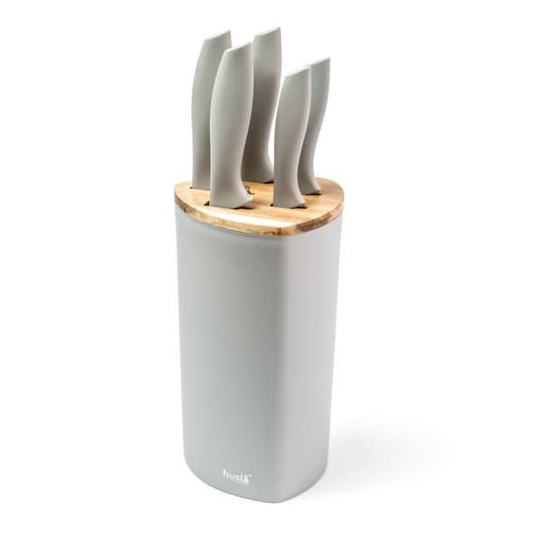 Sæt med 5 knive i plastikblok med GRÅA akacietræelementer