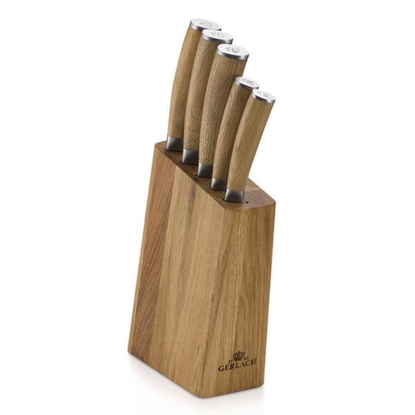 Set med 5 Gerlach knivar, rostfritt stål, ekblock, Natur