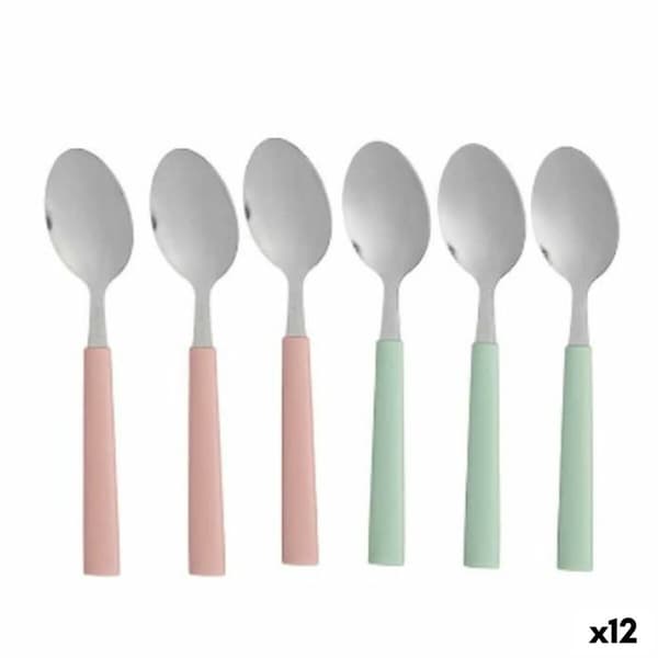 Jälkiruokalusikoiden setti Kinvara CN-KT166096-1T Vihreä Pinkki Hopeinen Ruostumaton teräs Muovinen 15,7 cm Jälkiruoka (12 osaa)
