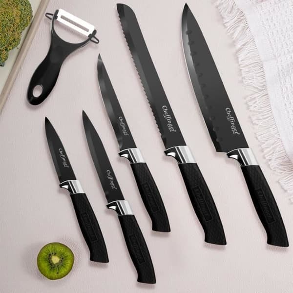 Knivset - Cheffinger - 6 delar - Rostfritt stål - Magnetlåda - Svart