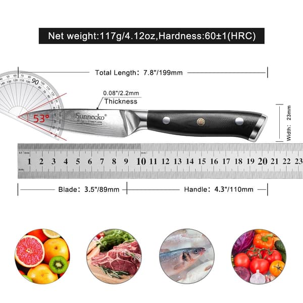 Sunnecko Paring Knife, 3,5 tuumaa, Damaskoksen teräsblade, ergonominen kahva,3,5 tuumaa