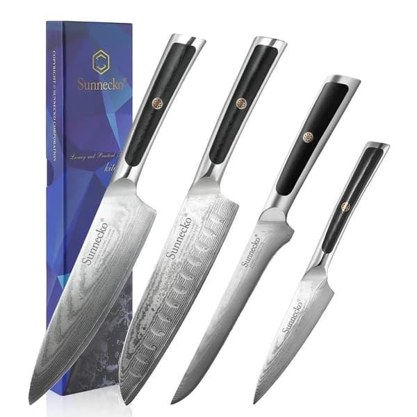 Kokkekniv Sæt, 73 Lag Damascus Stål, Ergonomisk G10 Håndtag,4PCS Kniv Sæt B