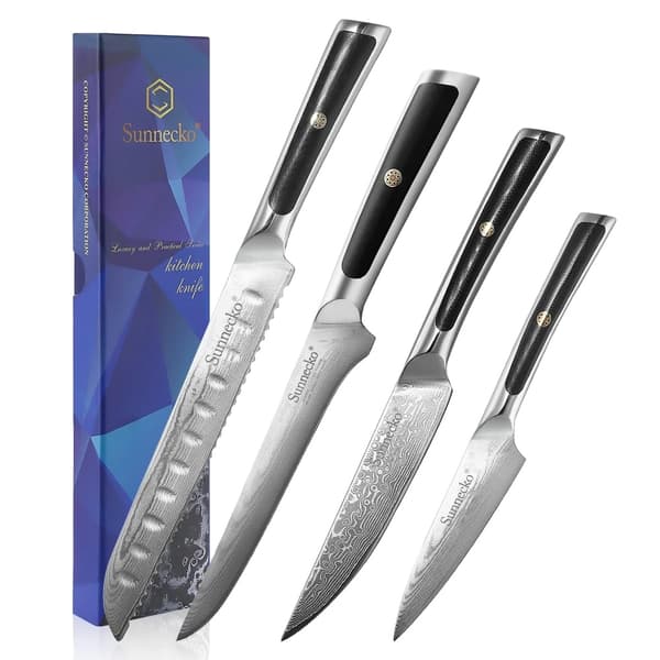Kokkekniv Sæt, 73 Lag Damascus Stål, Ergonomisk G10 Håndtag,4PCS Kniv Sæt B