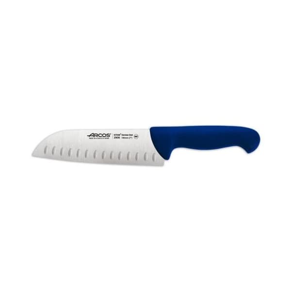 Santoku kniv Arcos 2900- Prof 290623 med fickor i Nitrum rostfritt stål och ergonomisk mangoblå polypropen med blad av