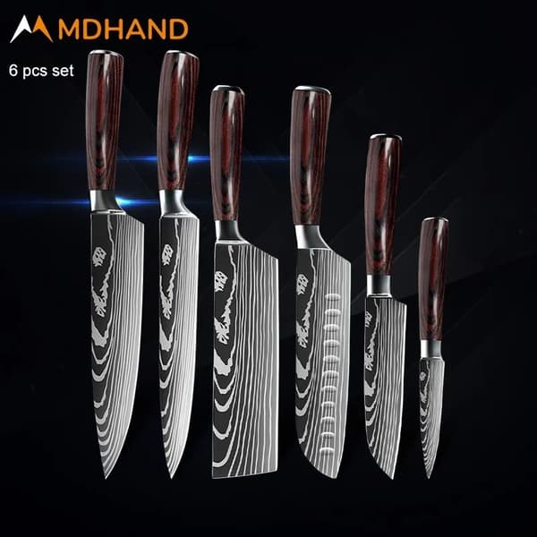 Køkkenkniv Sæt, 7CR17 Rustfrit Stål, Laser Damascus Design,5stk.SÆT 01