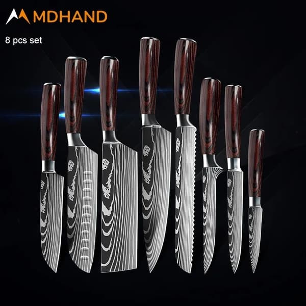 Køkkenkniv Sæt, 7CR17 Rustfrit Stål, Laser Damascus Design,5stk.SÆT 01