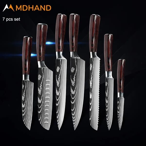 Køkkenkniv Sæt, 7CR17 Rustfrit Stål, Laser Damascus Design,5stk.SÆT 01