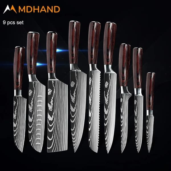 Køkkenkniv Sæt, 7CR17 Rustfrit Stål, Laser Damascus Design,5stk.SÆT 01