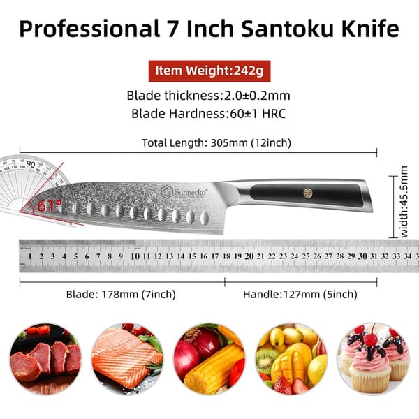 Damaskusstål Kökknivar, Ergonomiskt Handtag, Ultra Vass Blad,7 tum Santoku-kniv