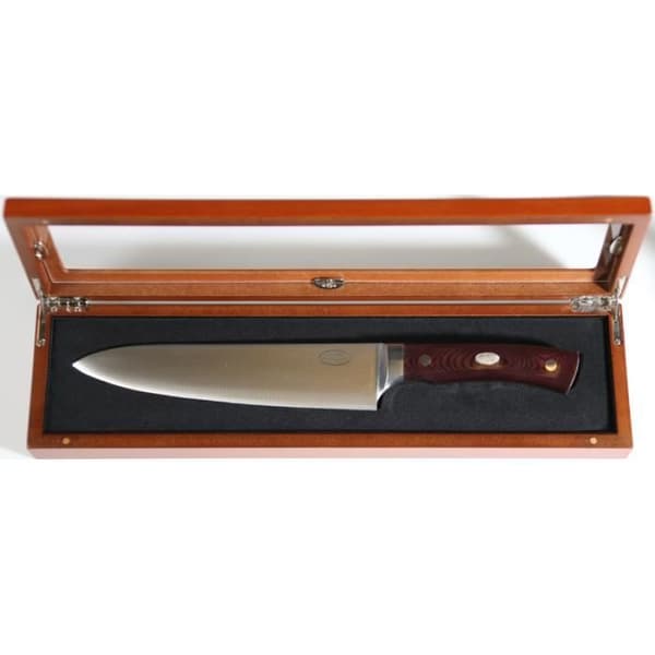 Kniv Fallkniven Alpha kökskniv i CoS laminerat stål och 20 cm blad, brunt micarta handtag i träslida