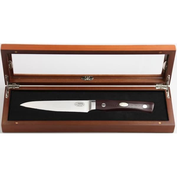 Fallkniven sågkniv i CoS laminerat stål med 11,5 cm blad, brunt micartahandtag i trälåda.
