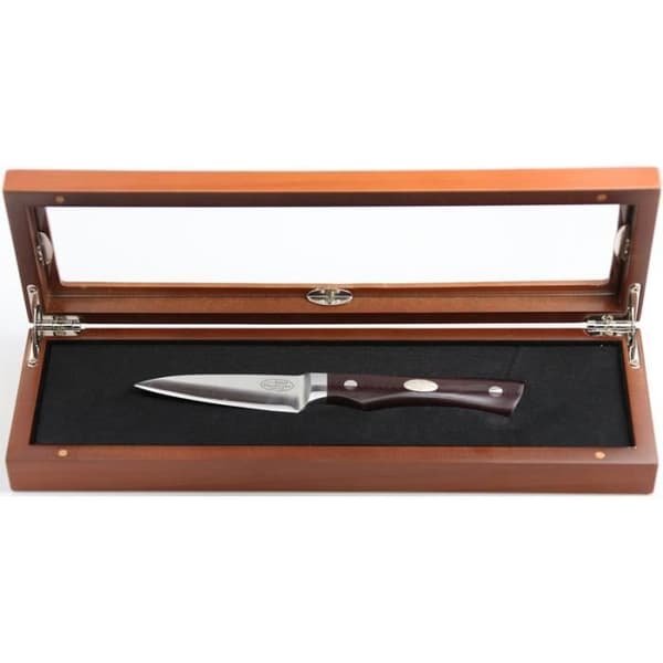 Fallkniven Zulu kökskniv i CoS laminerat stål med 7,5 cm blad, brunt micartahandtag i trälåda.