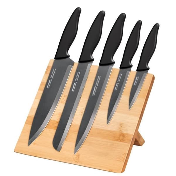 Set med 5 köksknivar i rostfritt stål Set magnetiskt bambublock Smile SNS-4 Marrón 03799