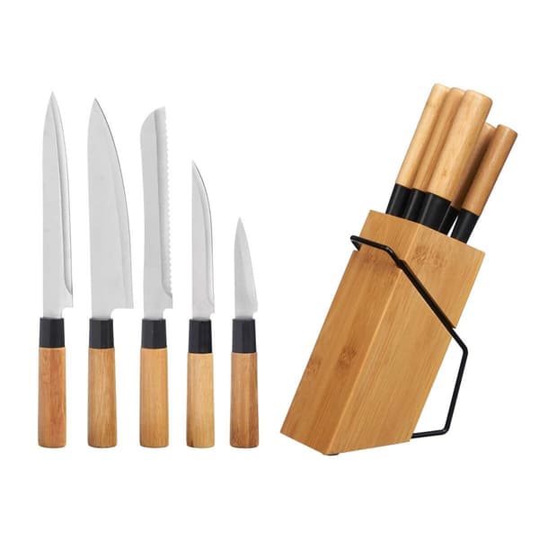 Knivesæt med knivblok i træ Kinvara KT171028A 6PCS Natur Bambus Stål (4 enheder)