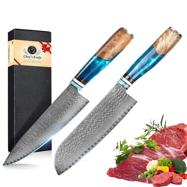 Damaskus Veitsisarja, VG10 Teräskeskus, Ergonominen G10 Kahva,Kaksiosainen setti