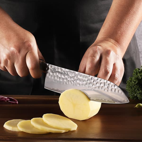 KEEMAKE Santoku -veitsi, korkealaatuista hiiliterästä, ergonominen puukahva,7 tuumaa