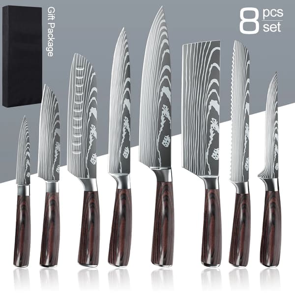 Kockknivset, 7CR17 rostfritt stål, ergonomiskt trähandtag,8ST