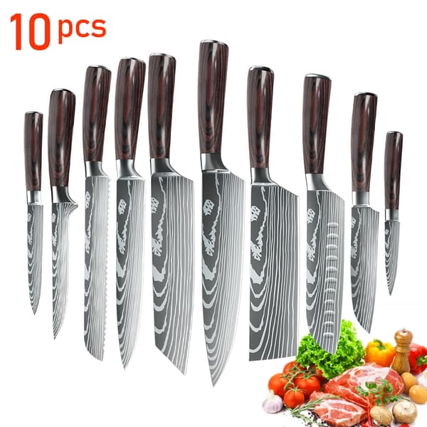 Kokkekniv Sæt, 7CR17 Rustfrit Stål, Ergonomisk Træhåndtag,10PCS