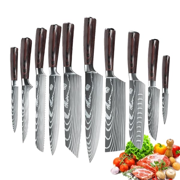 Kokkekniv Sæt, 7CR17 Rustfrit Stål, Ergonomisk Træhåndtag,10PCS
