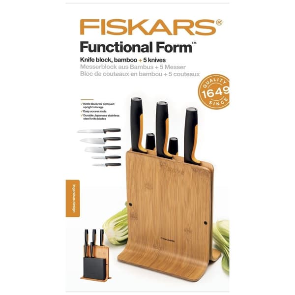 Fiskars Set med 5 knivar i bambublock Functional Form 1057552