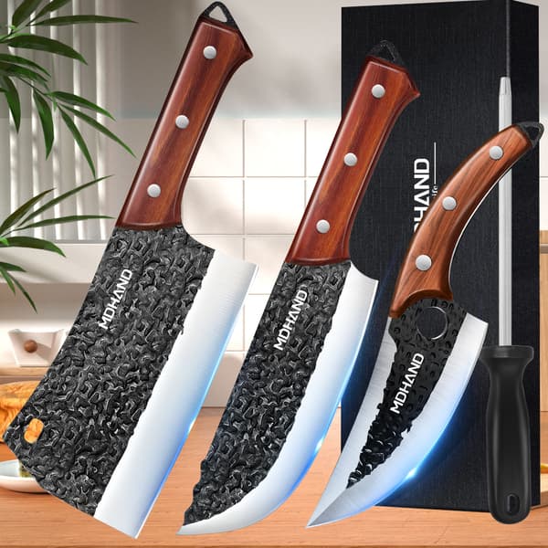 Køkken Kokkekniv Sæt, Rustfrit Stål Blade, Ergonomisk Træhåndtag, Alsidig til Kød og Grøntsager