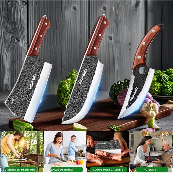 Køkken Kokkekniv Sæt, Rustfrit Stål Blade, Ergonomisk Træhåndtag, Alsidig til Kød og Grøntsager