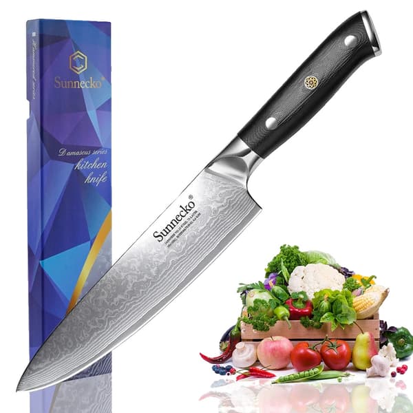 Kokkekniv, VG10 Damascus stålblad, ergonomisk G10 håndtag, fremragende skarphed