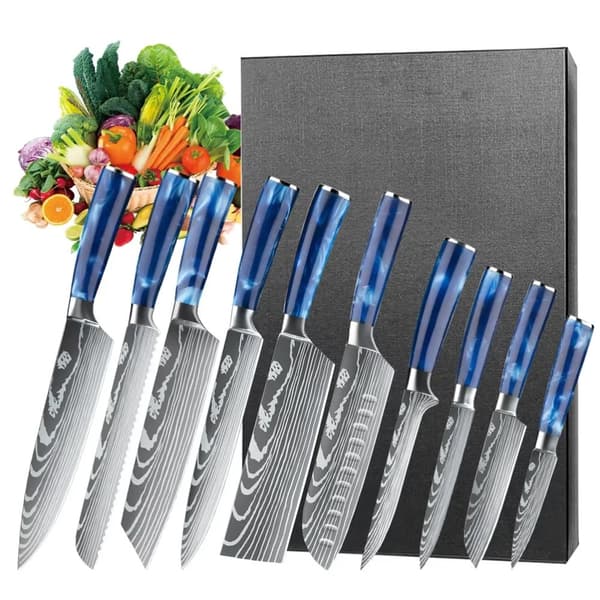 Blå Harpiks Handtag Kökkniv Set, Kolstålblad, Halkfri Grepp,10st