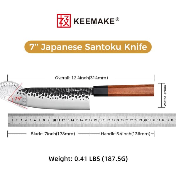 KEEMAKE Santoku -veitsi, korkealaatuista hiiliterästä, ergonominen puukahva,7 tuumaa