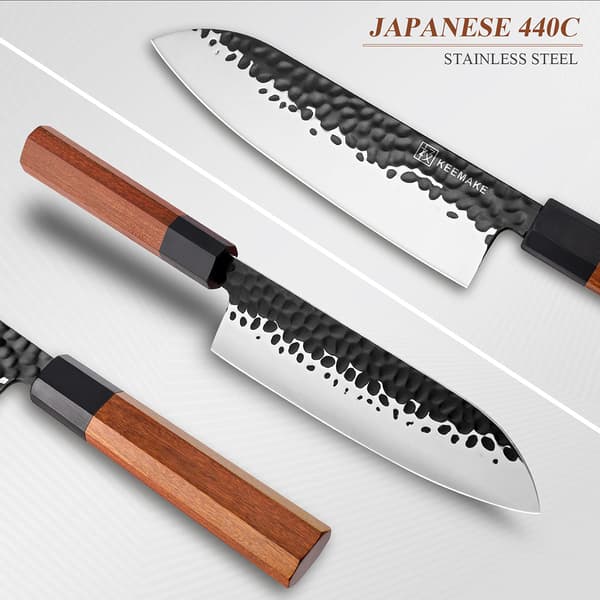 KEEMAKE Santoku -veitsi, korkealaatuista hiiliterästä, ergonominen puukahva,7 tuumaa