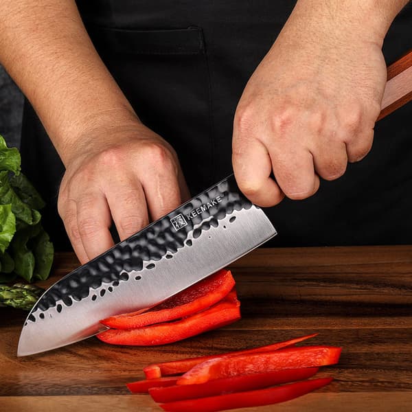 KEEMAKE Santoku -veitsi, korkealaatuista hiiliterästä, ergonominen puukahva,7 tuumaa