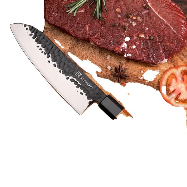 KEEMAKE Santoku -veitsi, korkealaatuista hiiliterästä, ergonominen puukahva,7 tuumaa