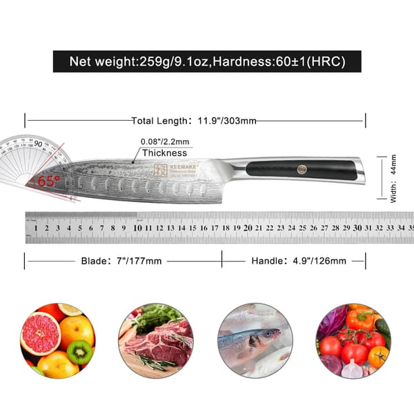 KEEMAKE Santoku -veitsisarja, 7-tuumainen ja 5-tuumainen terän pituus, damaskoteräksinen rakenne,7 tuuman Santoku-veitsi