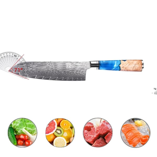 Damaskus kokkiveitsi, 8" terän pituus, HRC60±2 kovuus,7 tuuman Santoku-veitsi
