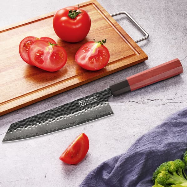 KEEMAKE Kiritsuke Kniv, Højkulstof Damaskusstål, Ergonomisk Rosentræshåndtag,8 tommer