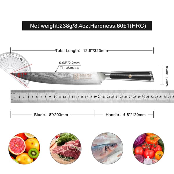 KEEMAKE Japanskt Skärkniv, VG10 Damaskusstål, Ergonomiskt G10 Handtag,8 tum