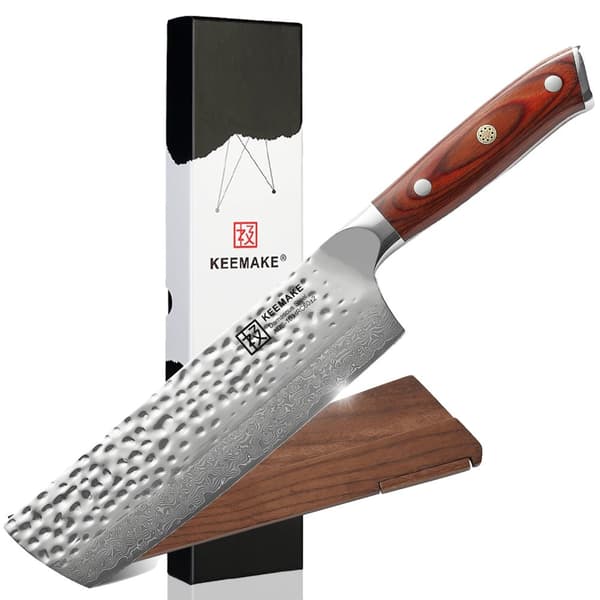 KEEMAKE Nakiri Kokkekniv, Skarp Damaskusstål, Ergonomisk Pakkatræ Håndtag,Med træskede, 7 tommer